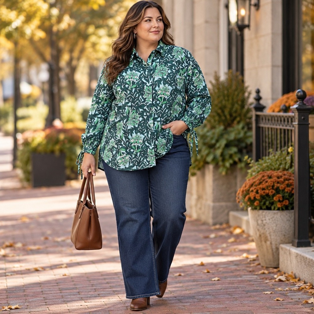 Lane Bryant No Peek Floral Cotton Button Up Shirt 18/20 Green Multi NWOT Blouse